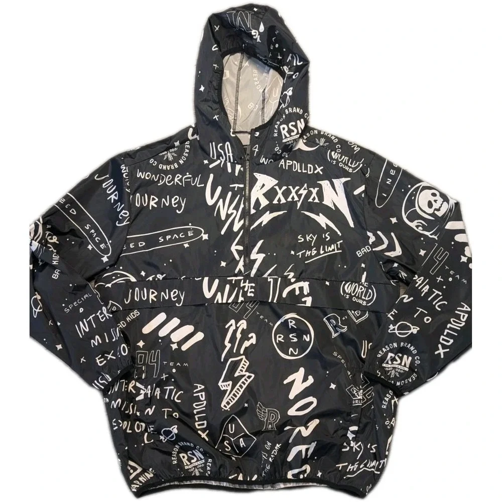 Vtg Reason 2XL Windbreaker Streetwear Pocket NO REGRETS Skulls Y2K 90s Spell Out